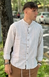 HAMAKI-HO Camicia Coreana di Lino a Righe - Bianco & Beige