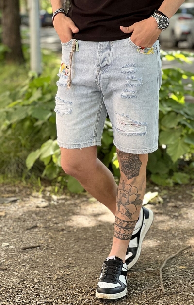GIANNI LUPO Bermuda di Jeans con Rotture e Toppe - Denim Chiaro